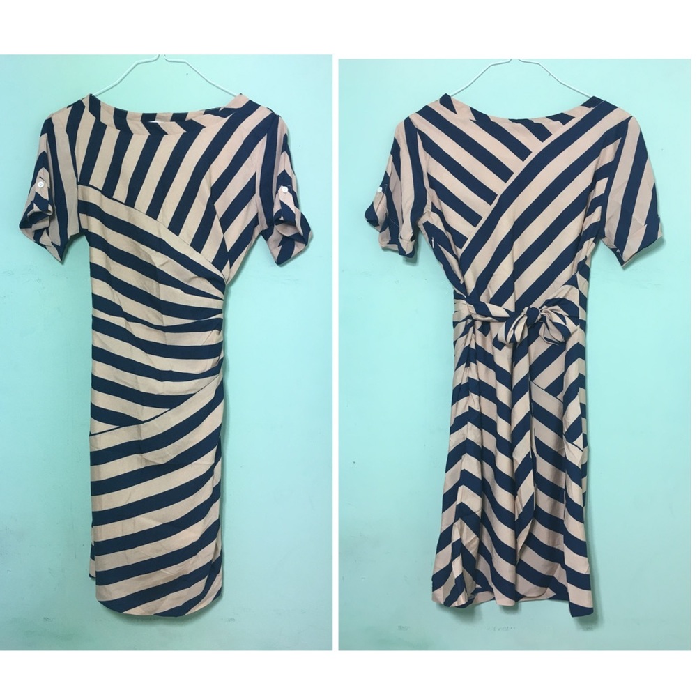 DVF Navy and Tan Striped Silk Tie Dress US 6